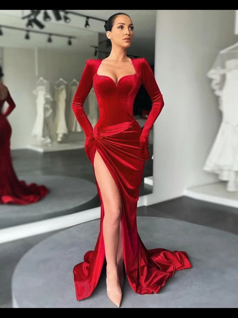 Red Velvet Long-Sleeve Evening Gown with High Slit
